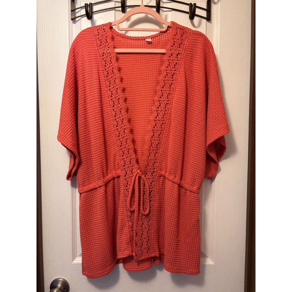 Coral Orange Waffle Knit Crochet Trim Tie Waist Cardigan Plus Size 14/16W